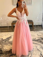 A-line V Neck Open Back Beaded Tulle Lace Long Prom Dresses Pink Formal Graduation Evening Gowns