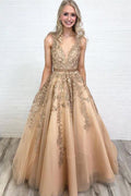 Robe de bal longue en dentelle dorée avec perles, dos ouvert et encolure en V, ligne A PG849