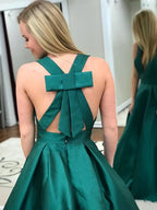 A-line V Neck Open Back Satin Long Prom Dresses with Pocket Green Formal Evening Gowns
