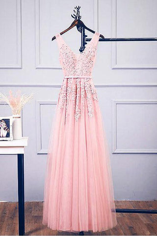 A-line V Neck Pink Tulle Lace Applique Long Prom Dress Evening Dress PSK127