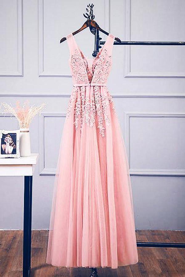 Vestido de festa comprido com decote em V e aplicações de renda em tule rosa PSK127