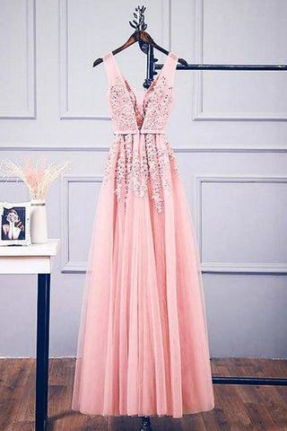 A-line V Neck Pink Tulle Lace Applique Long Prom Dress Evening Dress PSK127
