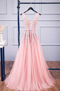 Robe de soirée longue de bal avec encolure en V, ligne A, en tulle rose et application de dentelle PSK127