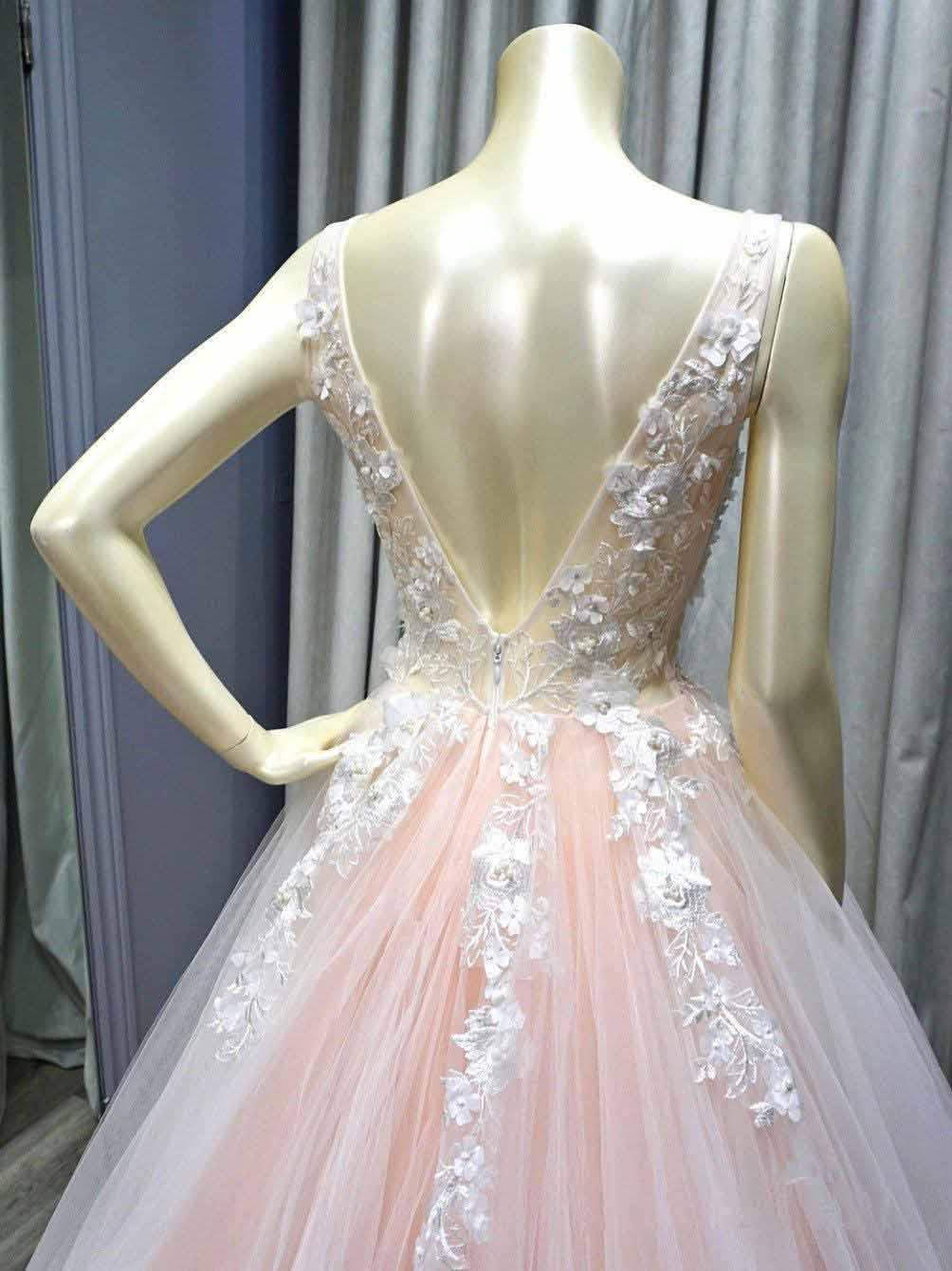 Vestidos de festa em tule rosa com decote em V e corte A, vestidos de noite com aplicações de renda PG728
