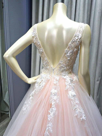 A-line V Neck Pink Tulle Prom Dresses Evening Dresses With Lace Applique PG728
