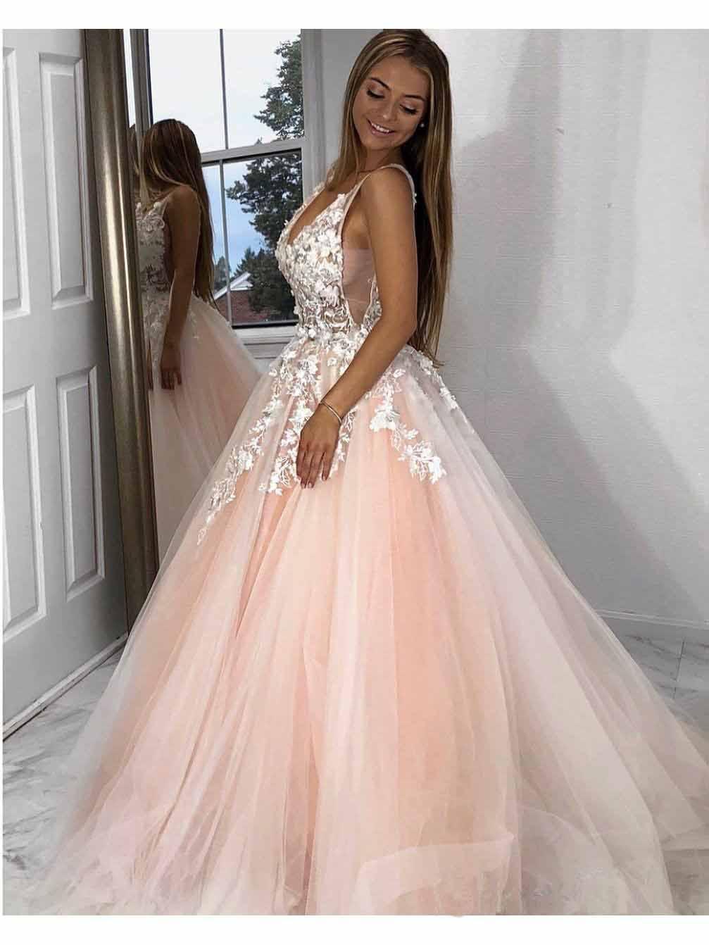 Vestidos de festa em tule rosa com decote em V e corte A, vestidos de noite com aplicações de renda PG728