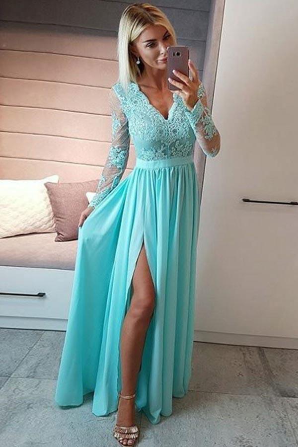 Vestido de festa em chiffon azul royal, decote em V, mangas compridas e aplicações, PG996