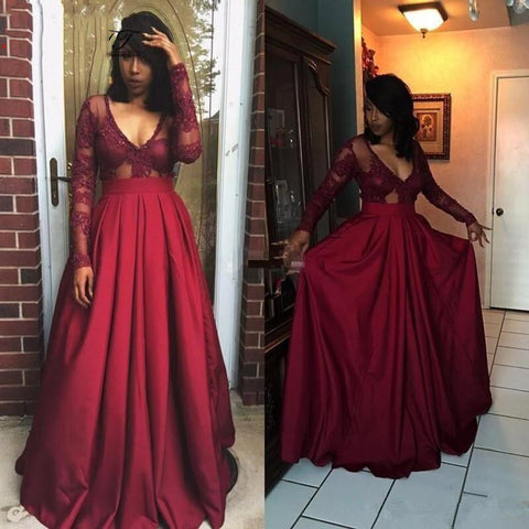 A-line V-neck Satin Burgundy Long Sleeve Prom Dress PSK175