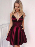 Robe de bal court avec poches et décolleté en V en satin pour le retour à la maison, coupe A