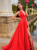 Robe de soirée longue en satin avec encolure en V et fente haute, rouge, pour bal de fin d'études