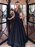 Robe de soirée longue de bal en satin à encolure en V et coupe A avec poches, simple et noire, pour cérémonie de remise de diplôme