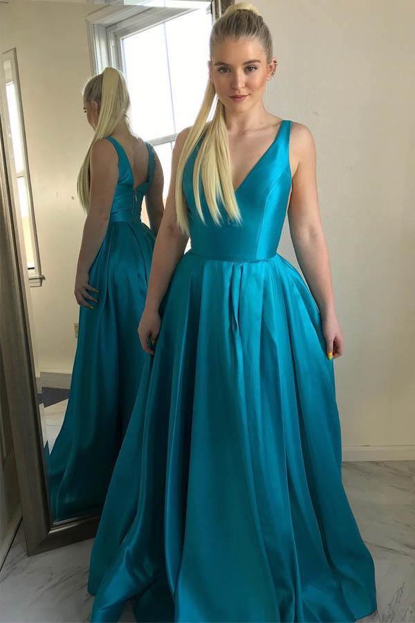 A-Linie V-Ausschnitt Satin Einfaches Ballkleid Abendkleid PM247