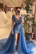 A-Linie, V-Ausschnitt, Pailletten, lang, ärmellos, formelles Ballkleid mit langem, abnehmbarem Schwanz