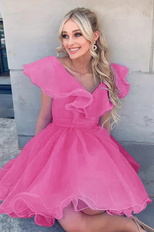 Vestido de Fiesta con Escote en V, Vuelos de Gasas y Línea A