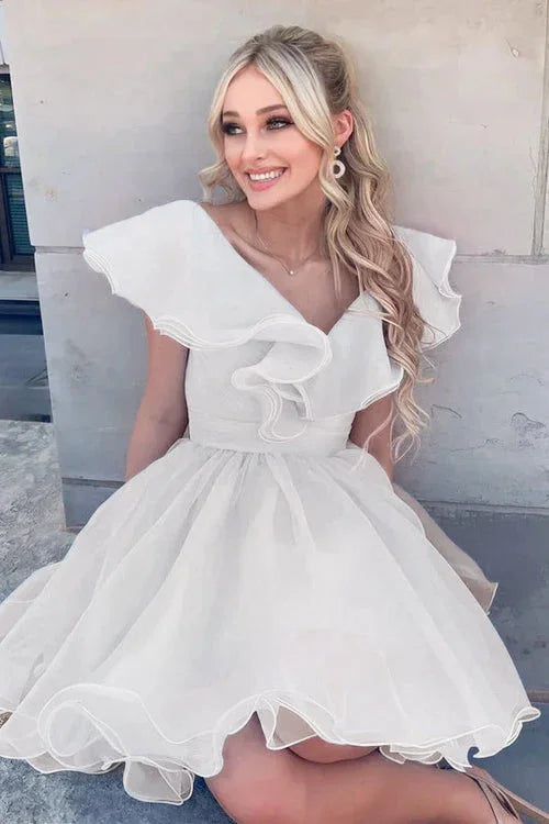 Vestido de Fiesta con Escote en V, Vuelos de Gasas y Línea A