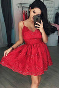 Robe de bal à ligne A, col en V, courte, rouge en tulle avec applications et perles PD082