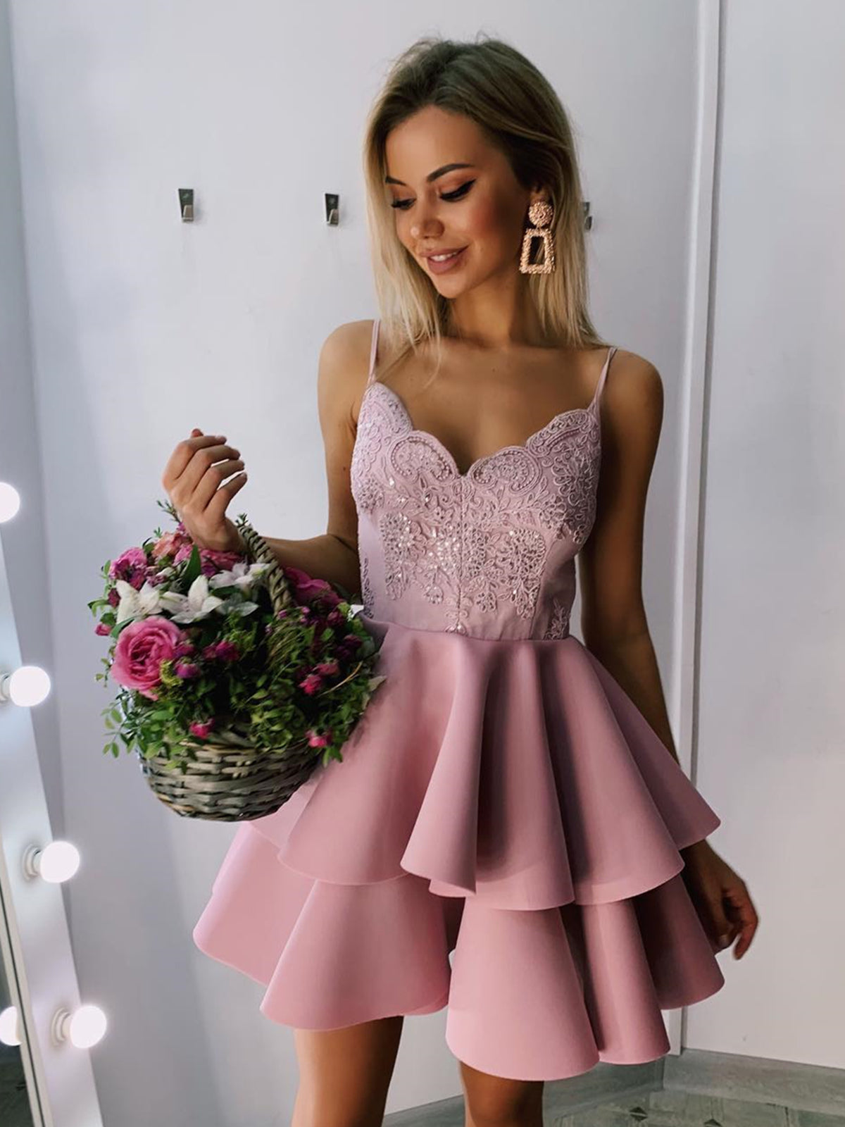 A Line V Neck Short Ruffle Spaghetti Lace Satin Prom Formal Homecoming Dresses