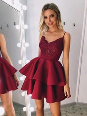A Line V Neck Short Ruffle Spaghetti Lace Satin Prom Formal Homecoming Dresses