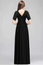 A-line V-neck Short Sleeves Long Black Chiffon Bridesmaid Dress by misshow.com