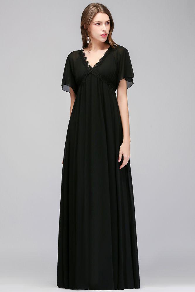 A-line V-neck Short Sleeves Long Black Chiffon Bridesmaid Dress