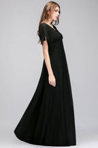 A-line V-neck Short Sleeves Long Black Chiffon Bridesmaid Dress