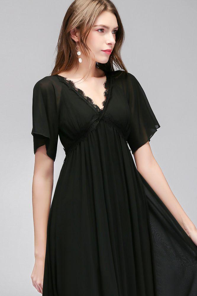 A-line V-neck Short Sleeves Long Black Chiffon Bridesmaid Dress