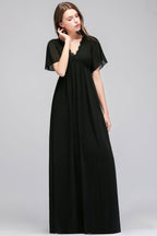 A-line V-neck Short Sleeves Long Black Chiffon Bridesmaid Dress