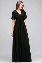 A-line V-neck Short Sleeves Long Black Chiffon Bridesmaid Dress by misshow.com