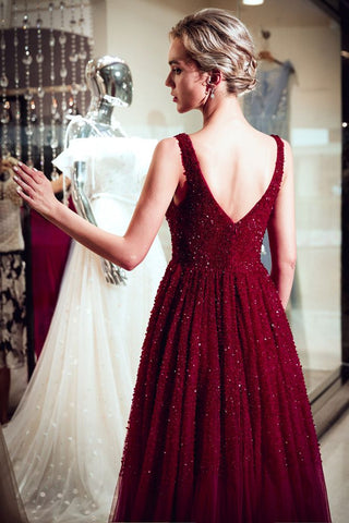 A-line V-neck Sleeveless Burgundy Sequins Tulle Evening Dress
