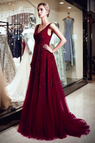 A-line V-neck Sleeveless Burgundy Sequins Tulle Evening Dress