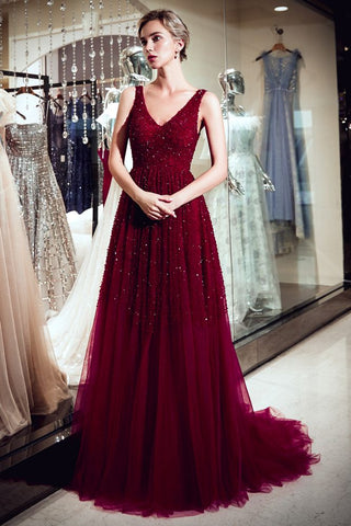 A-line V-neck Sleeveless Burgundy Sequins Tulle Evening Dress