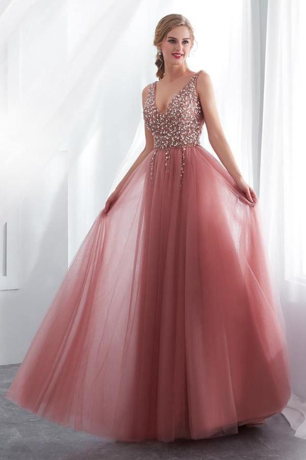 Vestido de festa/formal com decote em V, sem mangas, corte A, cauda longa e missangas PG791