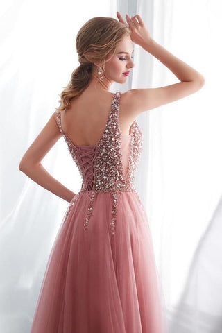 A-Line V-Neck Sleeveless Sweep Train Prom/Formal Dress with Beading PG791