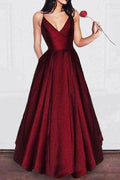 Abito da festa e ballo bordeaux in linea A con scollo a V e spalline sottili PG679