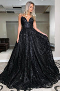 Abito da Ballo Lungo Nero con Scollo a V, Spalline Sottili e Paillettes PSK224