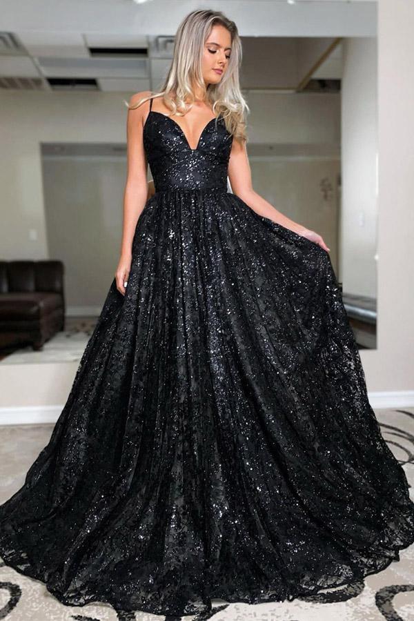 Vestido de festa preto comprido com decote em V, lantejoulas e alças finas PSK224