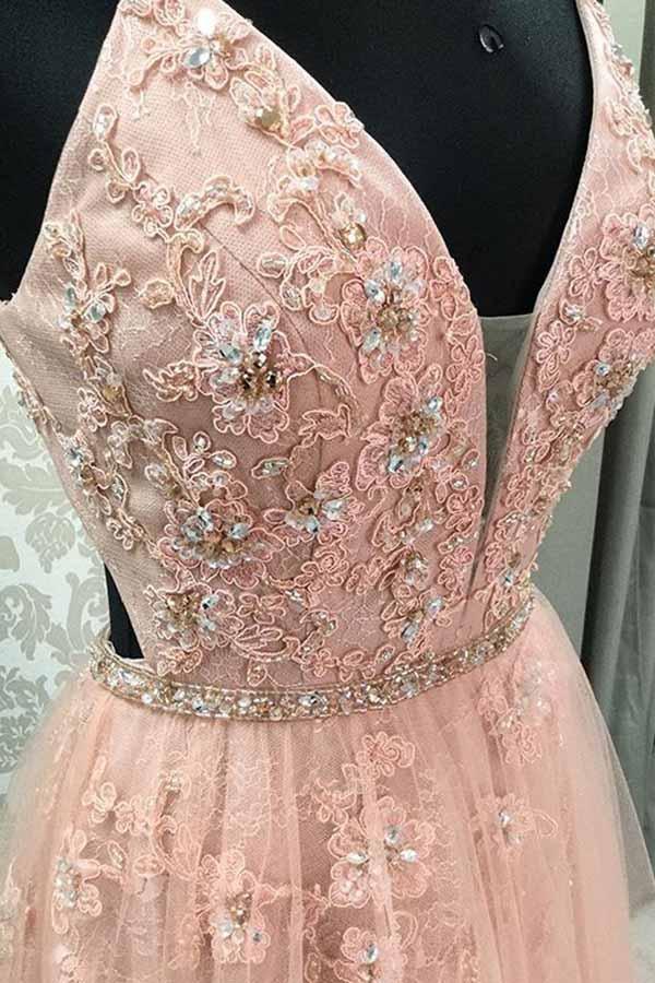 Vestidos de festa compridos com decote em V, alças finas, costas abertas e renda blush PG720