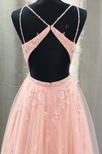 A-line V Neck Spaghetti Straps Open Back Blush Lace Long Prom Dresses PG720