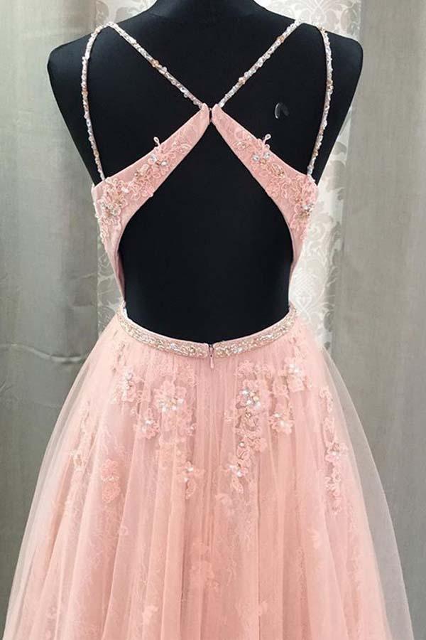 Vestidos de festa compridos com decote em V, alças finas, costas abertas e renda blush PG720