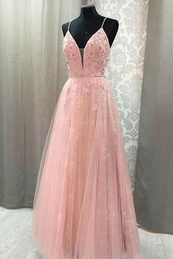 Vestidos de festa compridos com decote em V, alças finas, costas abertas e renda blush PG720