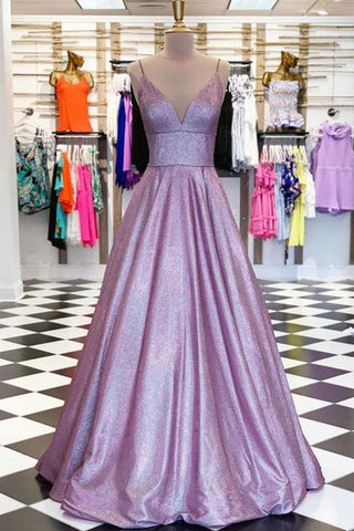 A-line V-neck Spaghetti Straps Purple Prom Dress with Pockets PSK167