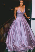 Robe de bal violette à empiècement en V et bretelles spaghetti avec poches PSK167