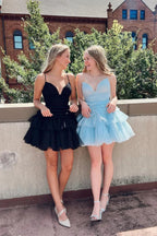 A-Linien-V-Ausschnitt-Träger-Ärmelloses Tüll-Homecoming-Kleid