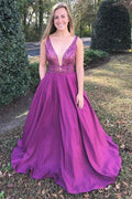 Abito da ballo a linea A con scollo a V, strascico a spazzola, fucsia, tasche con perline PSK051