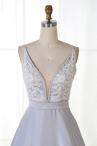 A-Line V-Neck Sweep Train Grey Satin Prom Dress with Appliques PG806