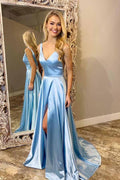 Robe de bal bleu clair à encolure en V et ligne A avec traîne balayée et fente  PM207