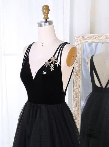 A-Line V-Neck Sweep Train Pleated Tiered Black Tulle Prom Dress PG805