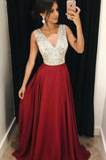 Robe de bal rouge en satin à décolleté en V, ligne A, traîne évasée et perles PG786