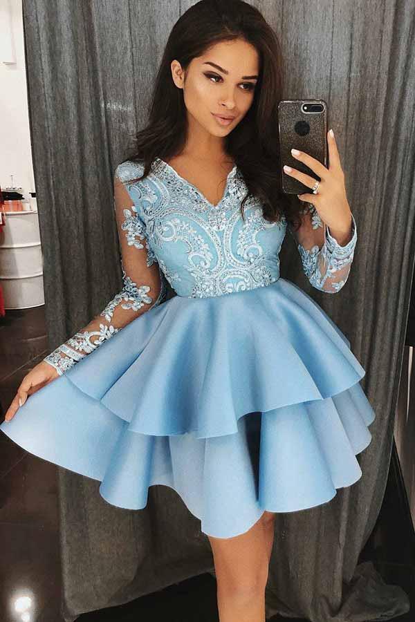 A-Line V-Ausschnitt Gestaffelt Blau Satin Homecoming-Kleid mit Applikationen PD023