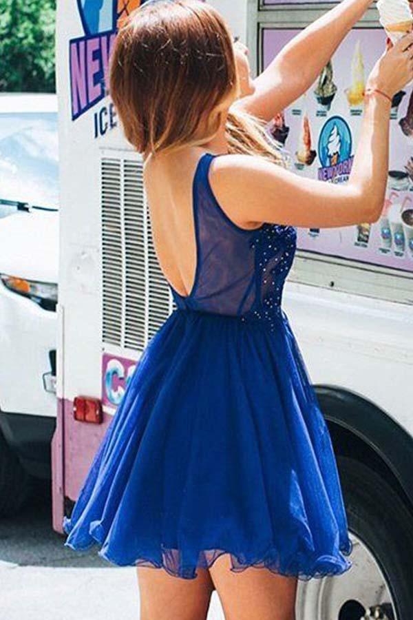 Vestidos de festa azul royal com decote em V e tule com missangas e aplicações PD261